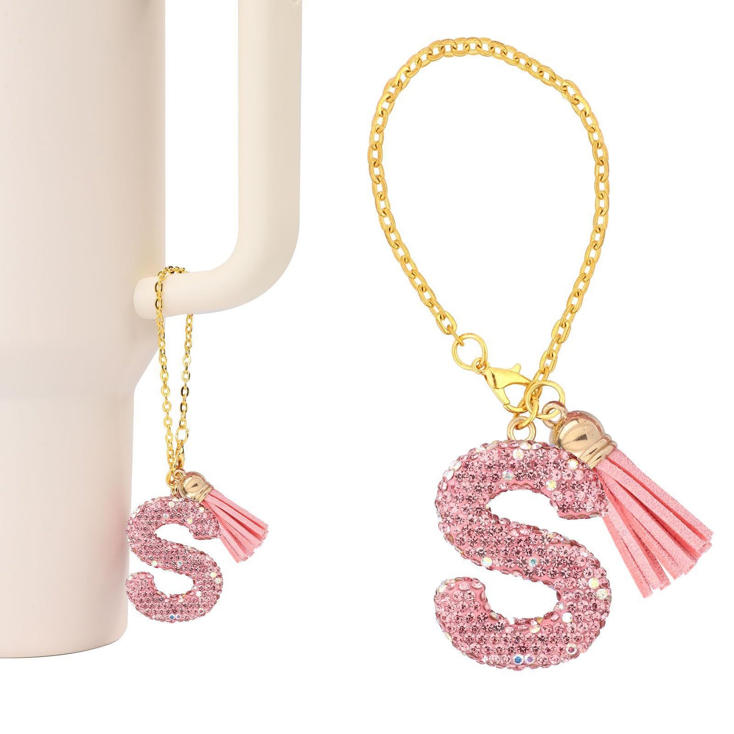 Minimalist Geometric Letter Ceramic Pendant with Gold Adjustable Chain Pink Tassel and Glitter Sequins