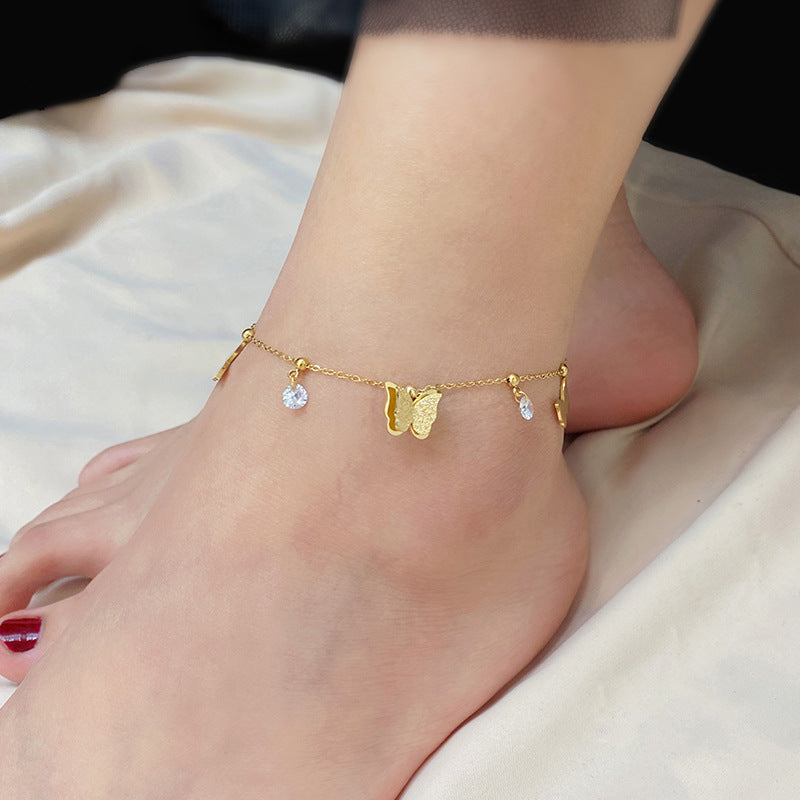 Minimalist Butterfly Anklet for Women in Titanium Steel with 18K Gold Plating, Cold-Tone Nature-Inspired Design