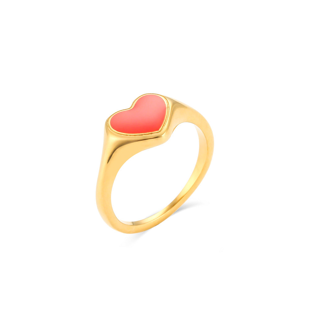 Minimalist Heart-Shaped Black Enamel Stainless Steel Plated 18K Gold Ring for Women