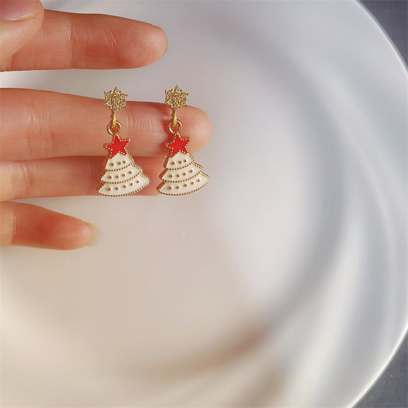Pendientes de tuerca con forma de árbol de Navidad y diamantes de imitación rosas para mujer, con base de aleación de zinc y acabado galvanizado.