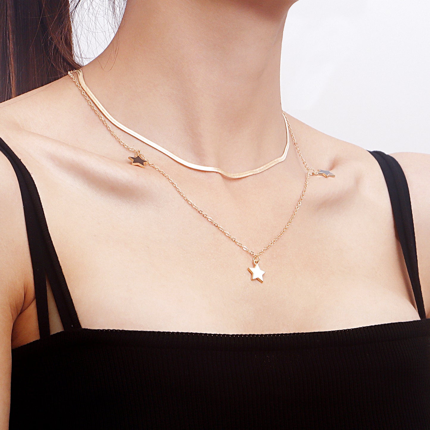 Minimalist Geometric Black and White Five-Point Star Pendant Necklace Set with Double Snake Chain for Women