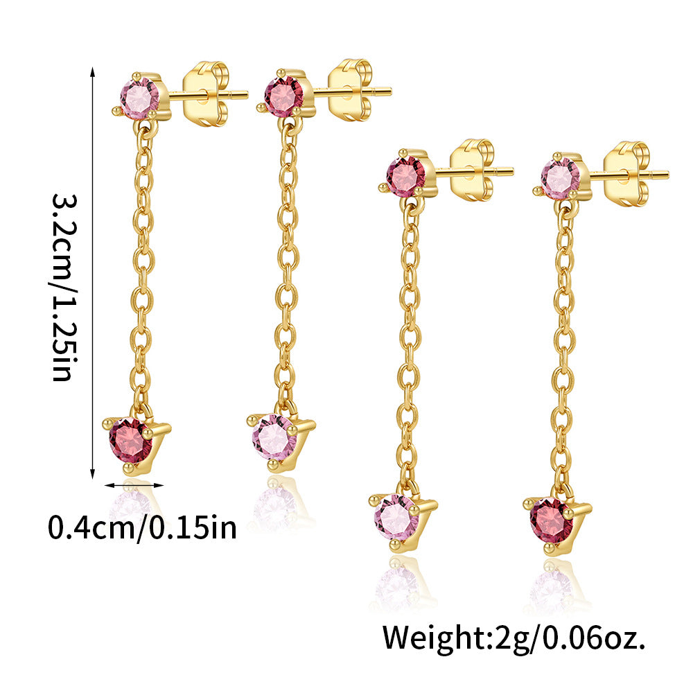 Geometric Round Brass Plated Earrings with Pink Cubic Zirconia and Tassel for Women