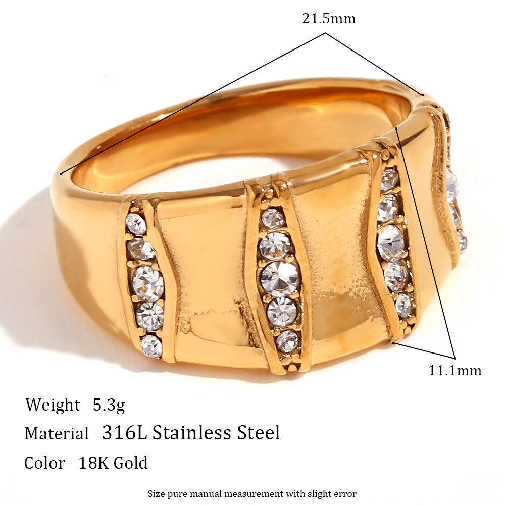 Vintage-Inspired Geometric Stainless Steel Ring with 18K Gold Plating and Micro-Pave Heart Flower Design for Women