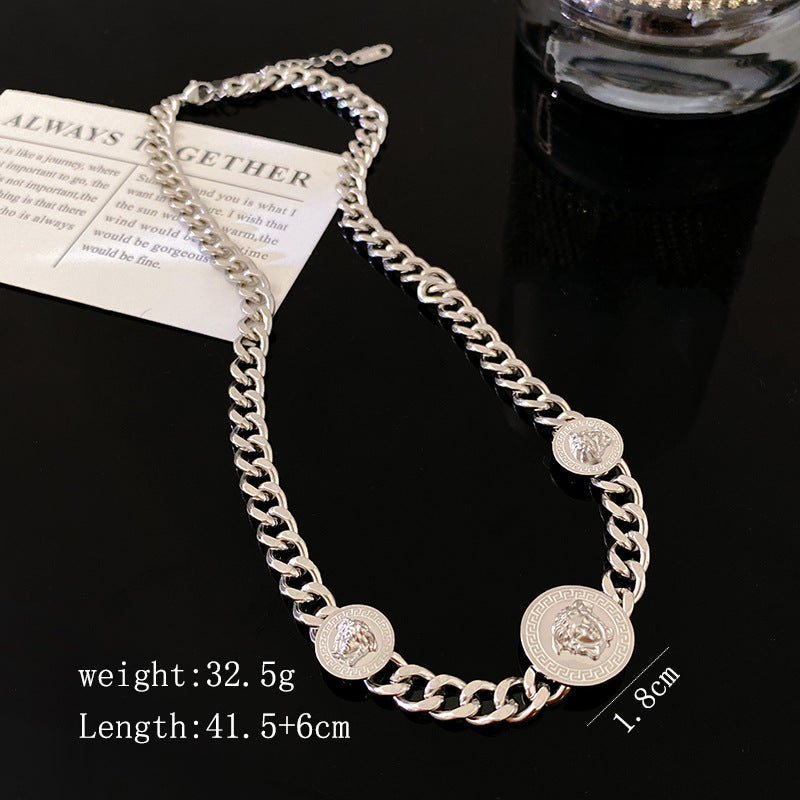 Vintage Streetwear Titanium Steel Plated Geometric Medusa Head Cuban Link Chain Necklace for Unisex