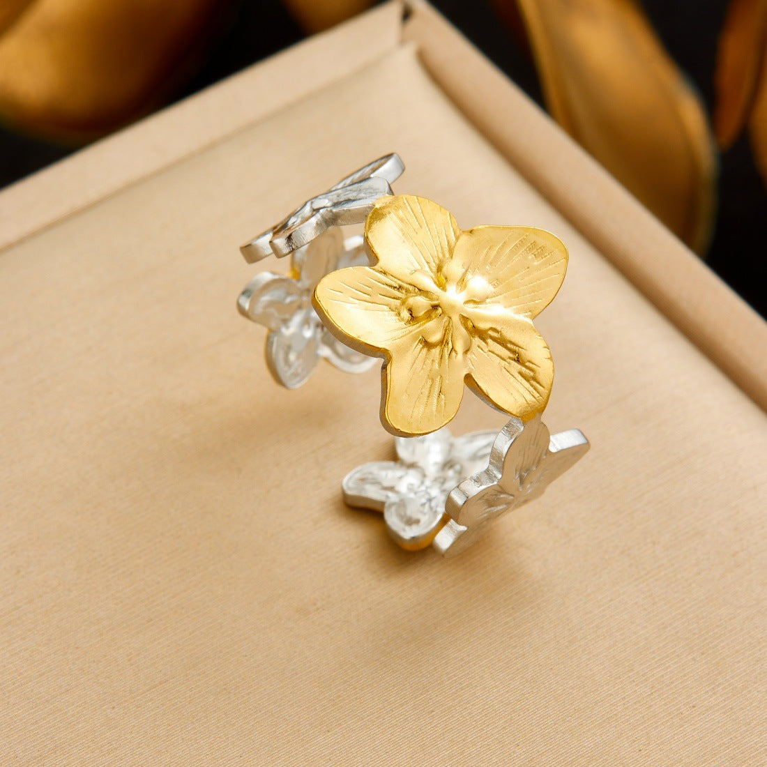 Trendy Gold Plated Floral Bow Stainless Steel Open Ring