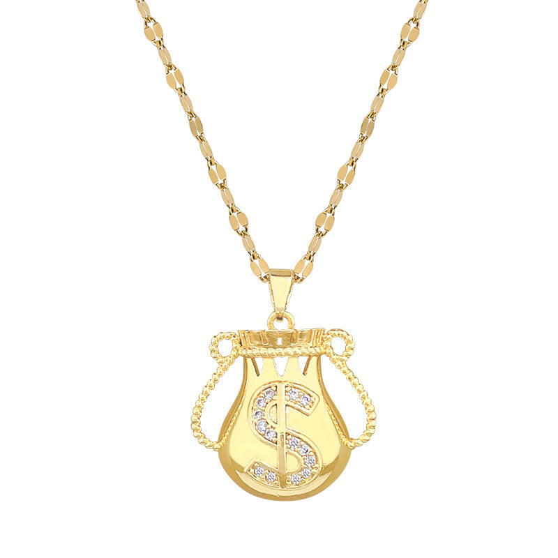 Sweet Geometric Rhinestone Inlaid Titanium Steel Necklace with Brass Pendant