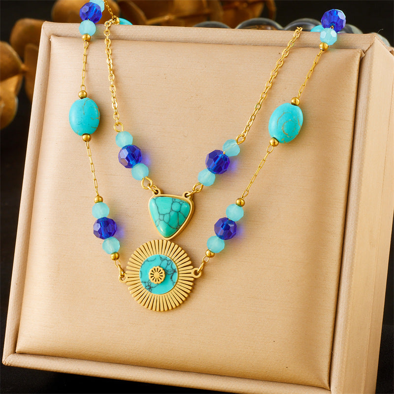 Vintage Bohemian Geometric Round Triangle Stainless Steel Plated Layered Beaded Turquoise Pendant Necklace for Women