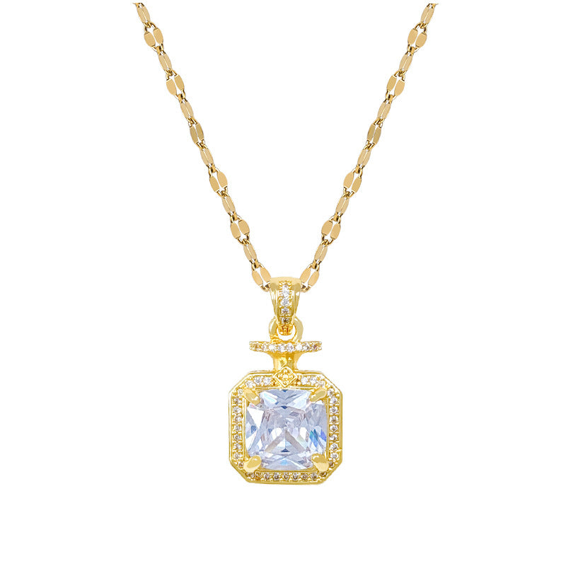 Sweet Geometric Moon Cubic Zirconia Inlay Titanium Steel Necklace with Brass Pendant for Unisex