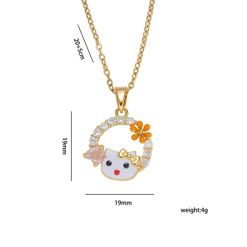 Collana con ciondolo dolce e carino a forma di gattino in acciaio al titanio placcato oro, con fiocco e design a fumetto, motivo a cuore, catena a O per donne