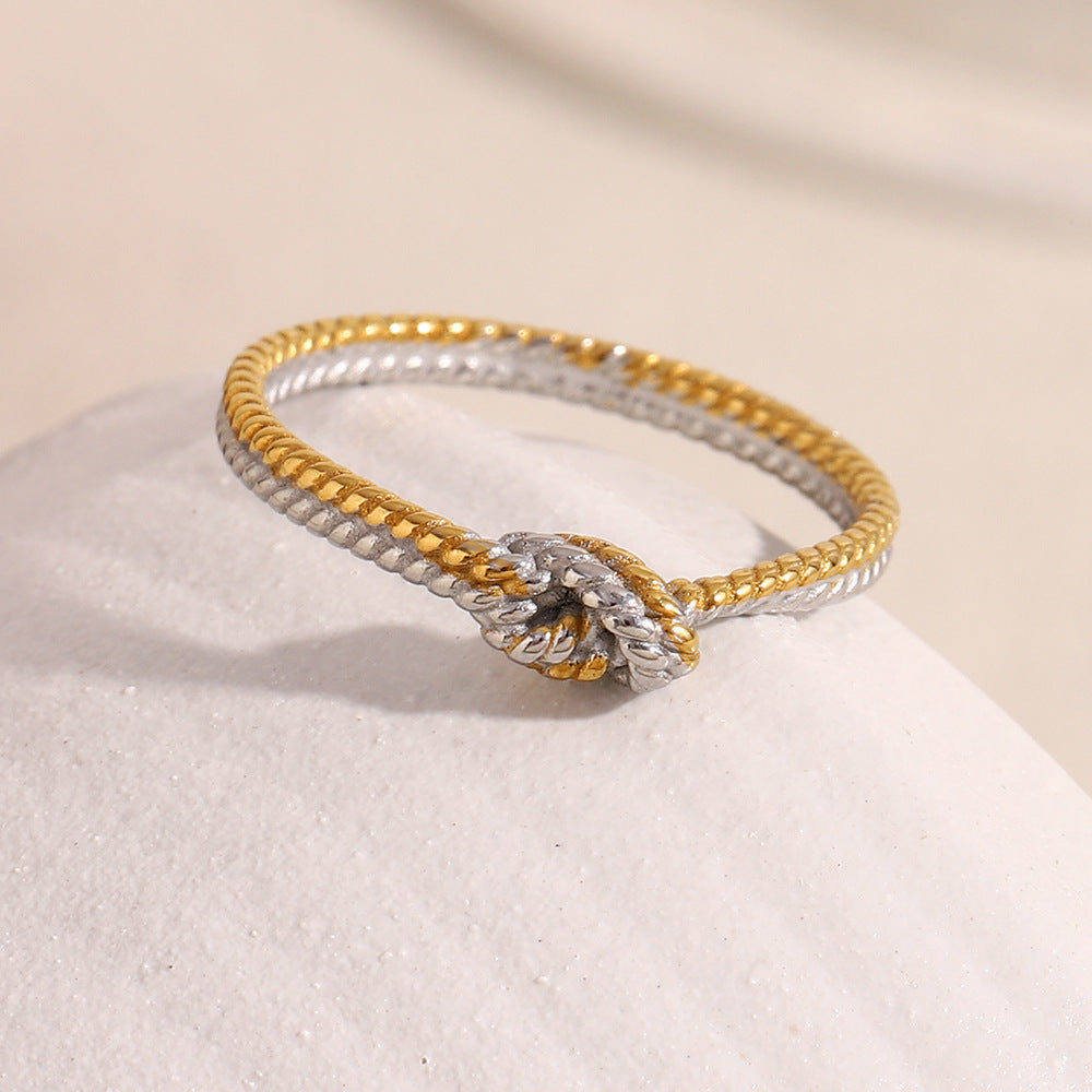 Minimalist Geometric Two-Tone Knotted Twist Ring in Stainless Steel with 18K Gold Plating for Women