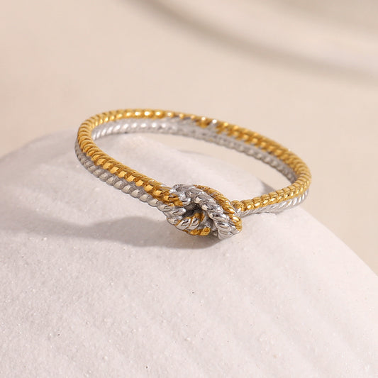 Anillo Minimalista Geométrico Bicolor Trenzado Anudado de Acero Inoxidable con Baño de Oro de 18K para Mujer