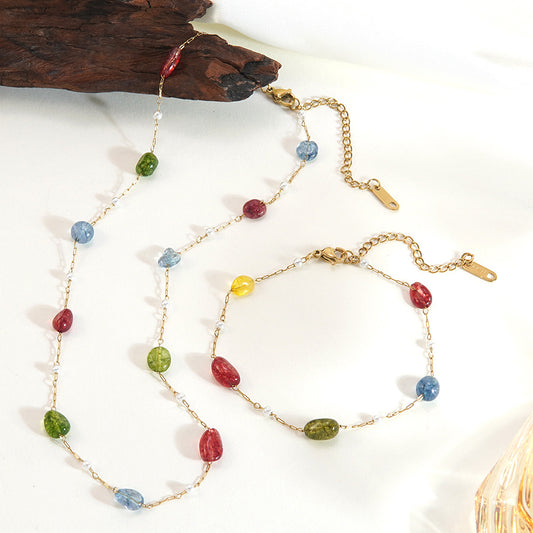 Elegante collar de mujer de acero inoxidable con cuentas y diseño ovalado geométrico, chapado en oro de 18 quilates