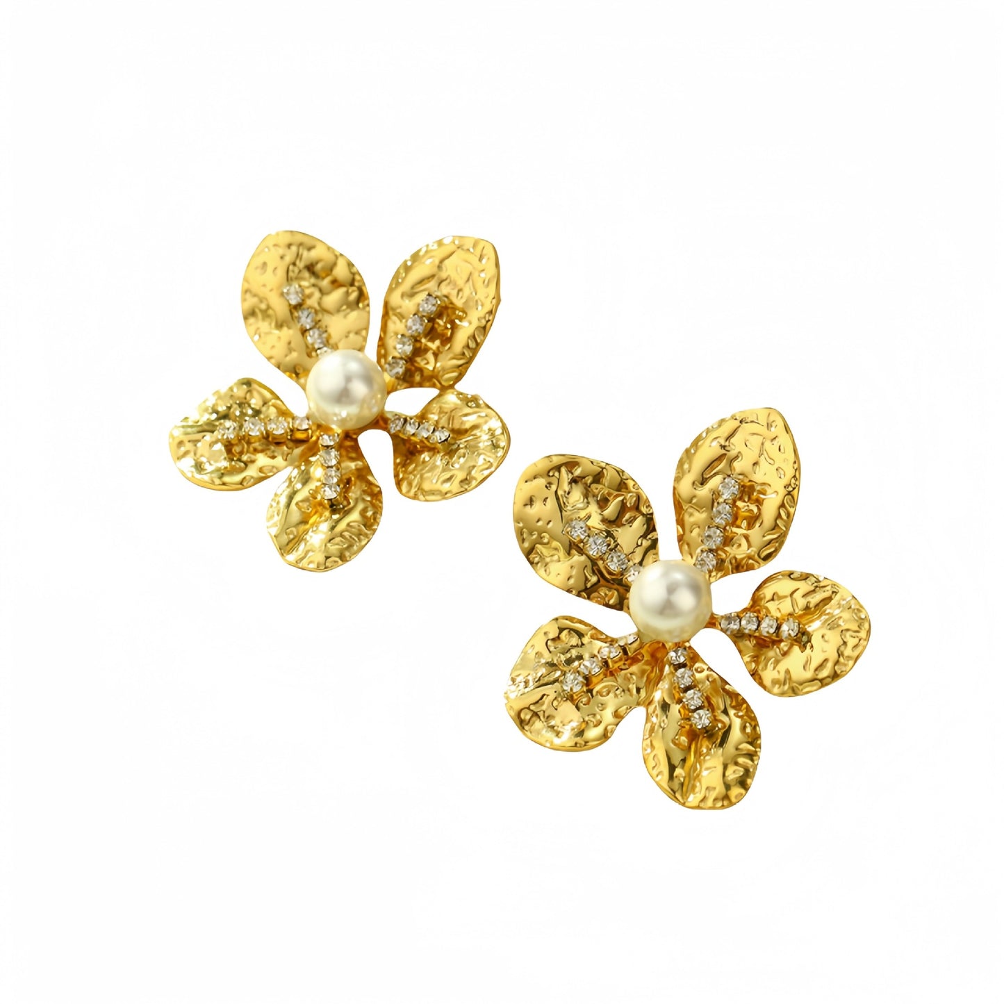 Vintage Floral Pearl-Embellished Titanium Steel Stud Earrings with Rhinestone Accents and Textured Folded Petal Design