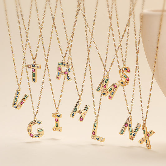 Minimalist Letter Shape Copper Pendant Necklace with 18K Gold Plating and Colored Zircon Inlay for Women