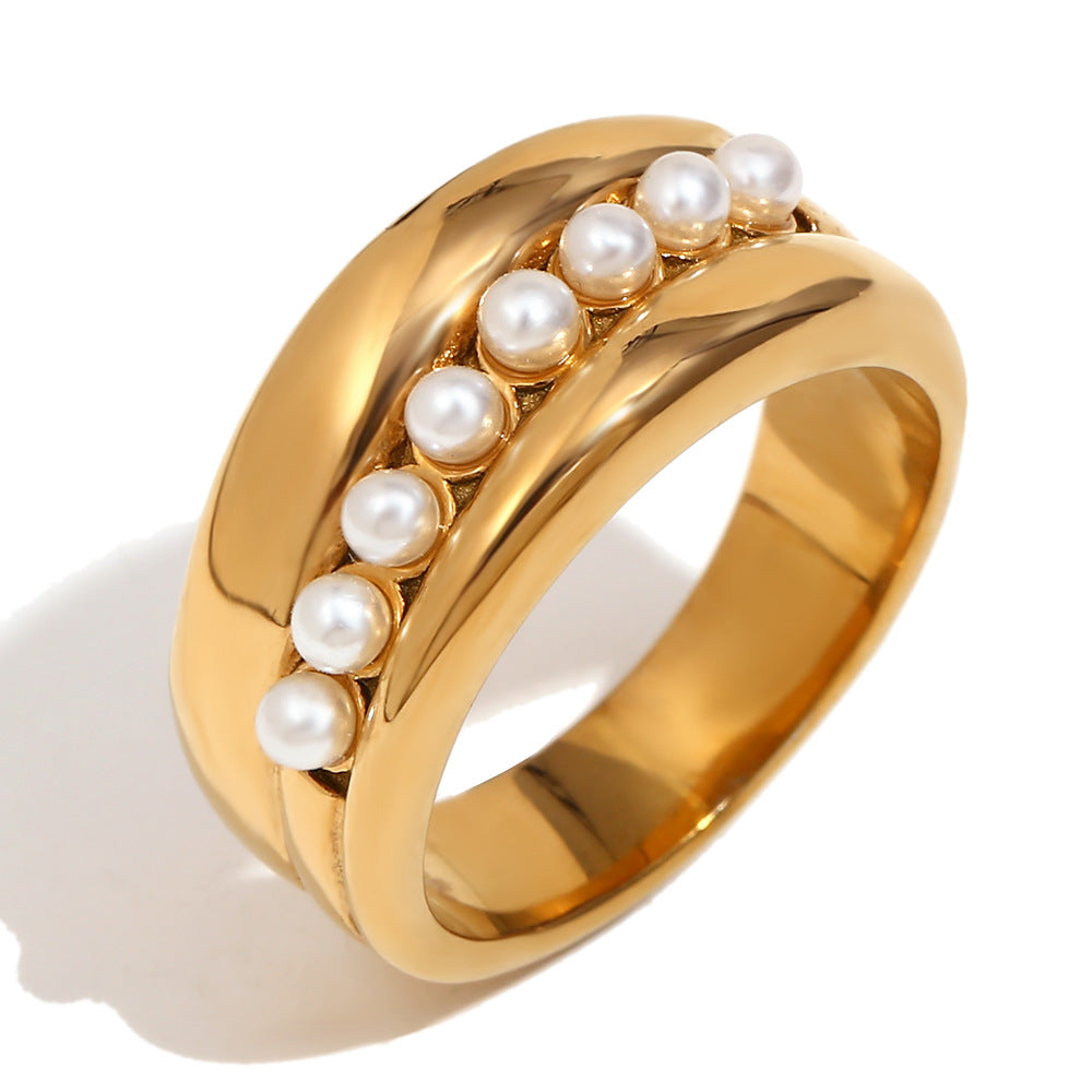 Vintage Elegant Geometric Gold Plated Stainless Steel Ring with Pearl Center for Women