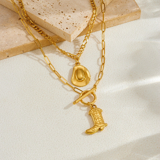 Vintage Western Cowboy Gold Plated Stainless Steel Double Layer Hat and Boot Pendant Necklace with OT Clasp for Women
