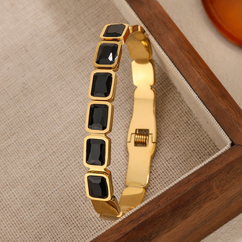 Vintage Geometric Square Rhinestone Plated Titanium Steel Bracelet Stackable