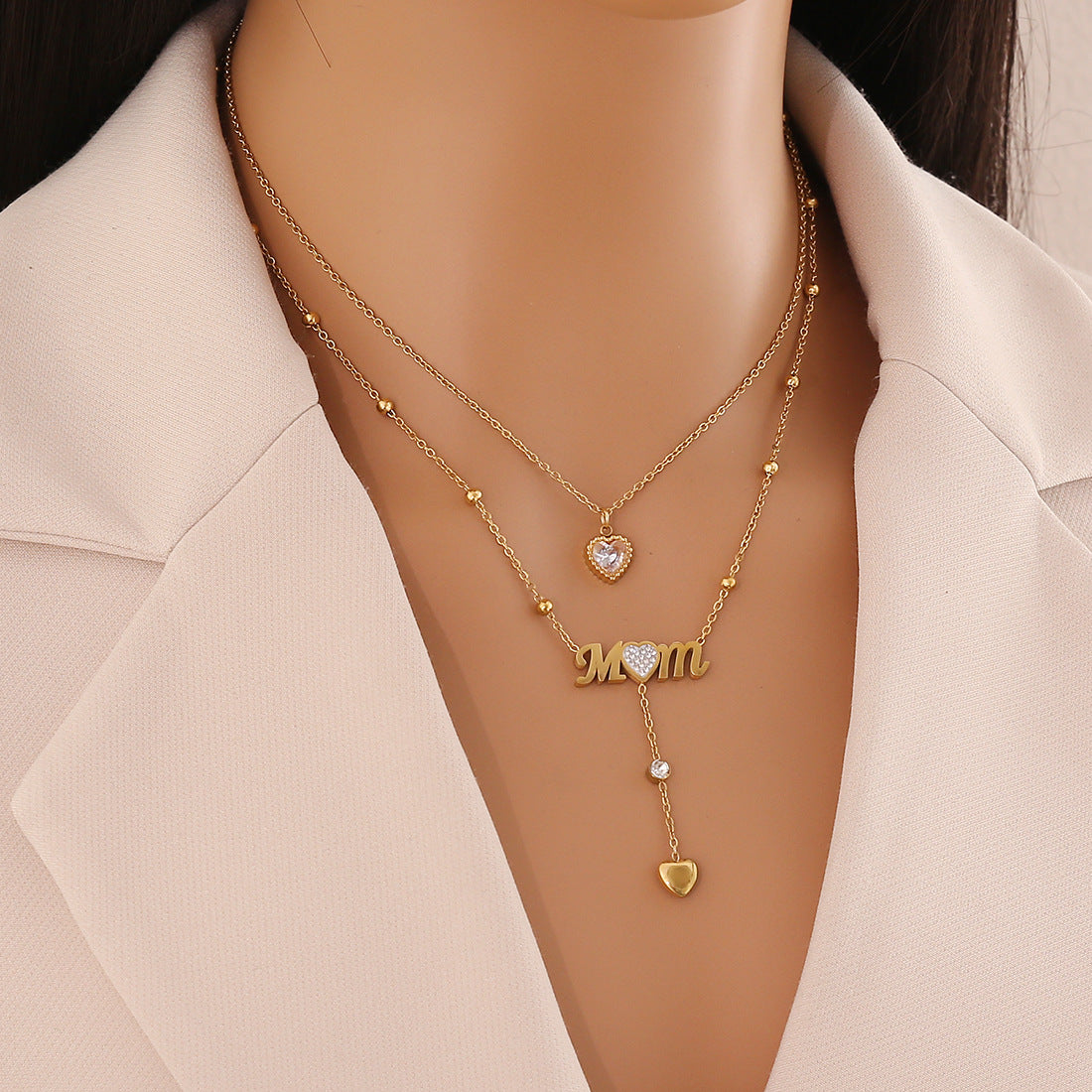 Fashionable Heart-Shaped Stainless Steel Double-Layer Pendant Necklace with Tassel and Plated Finish for Women