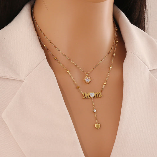 Fashionable Heart-Shaped Stainless Steel Double-Layer Pendant Necklace with Tassel and Plated Finish for Women