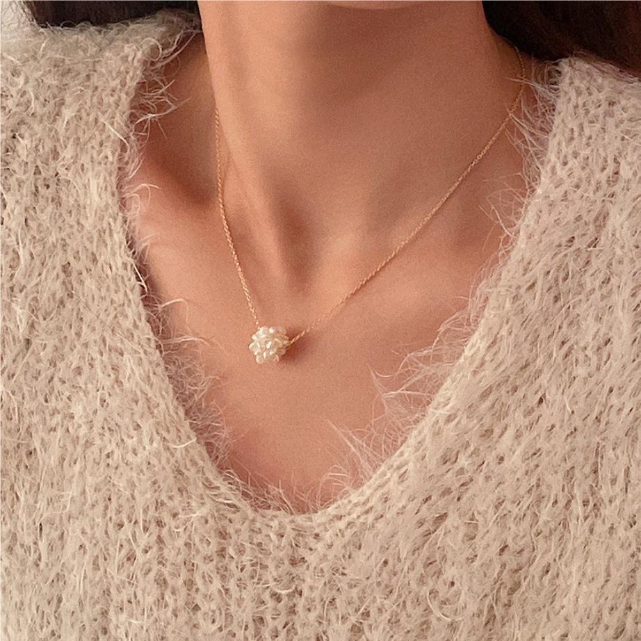 Minimalist Geometric Pearl Necklace in 925 Sterling Silver with Beaded Chain