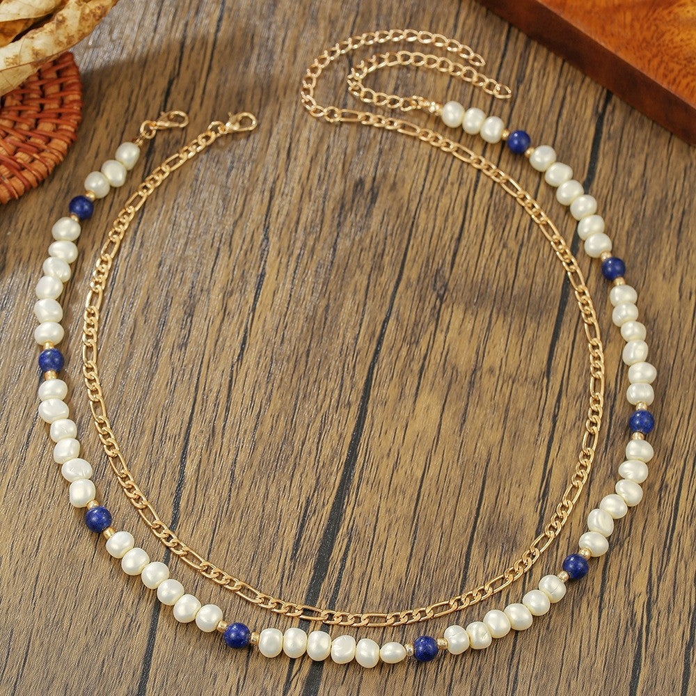 Bohemian Geometric Wood Beaded Necklace with Turquoise Inlay Cable Chain Unisex