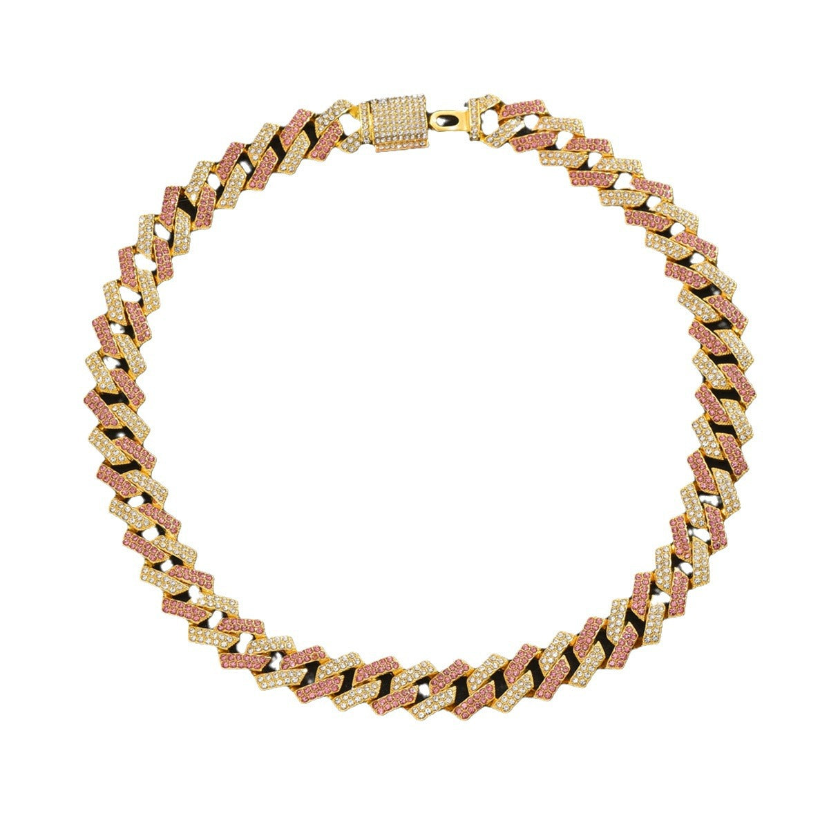 Collana Cubana Geometrica Stile Hip Hop da Uomo con Intarsio di Strass in Lega di Zinco