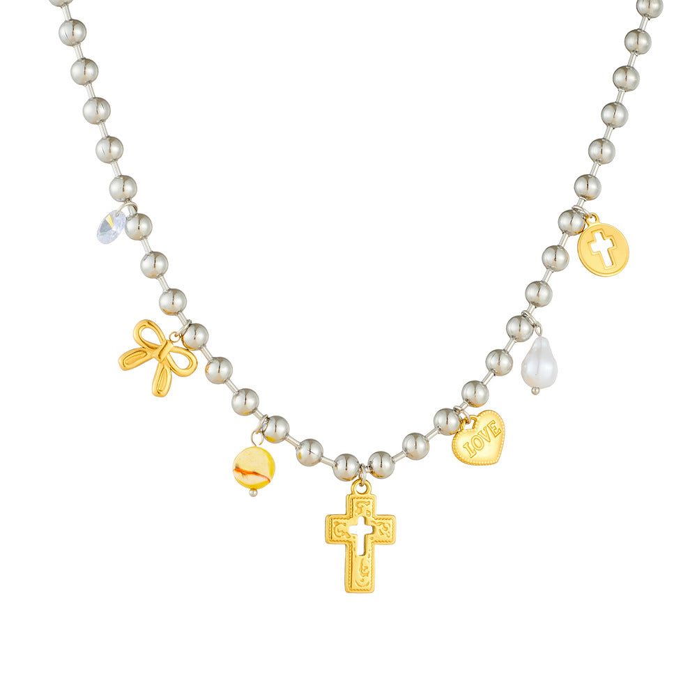 Sweet Cross Heart Bow Drip Oil Eye Pendant Stainless Steel Ball Chain Necklace for Women