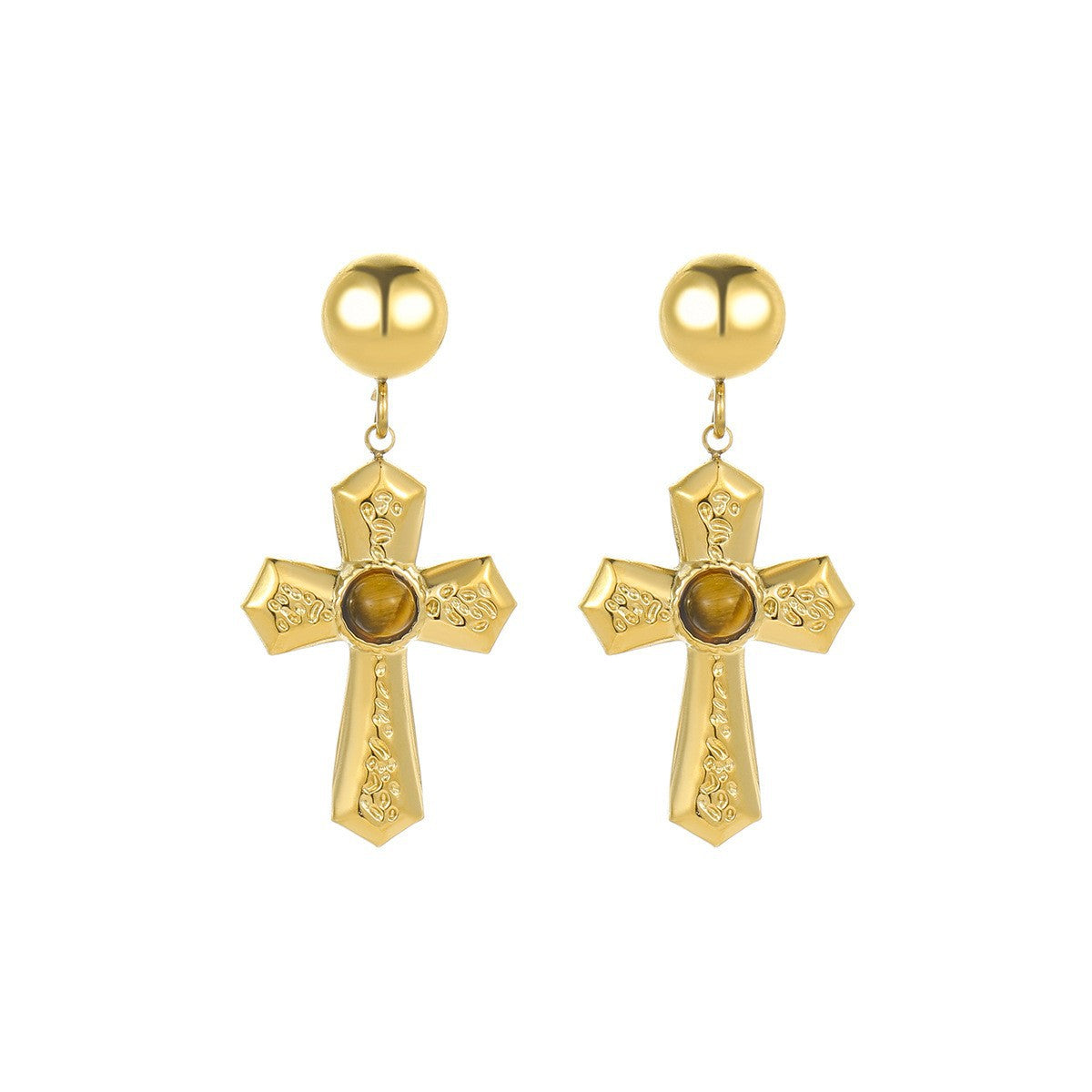 Minimalist Cross Pendant Stainless Steel Earrings with Zircon Inlay and Rhodium Plating for Women
