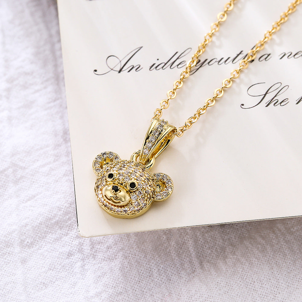Cute Bear Pendant Necklace for Women in Copper with 18K Gold Plating and Full Zircon Inlay, Minimalist Style Locket Chain