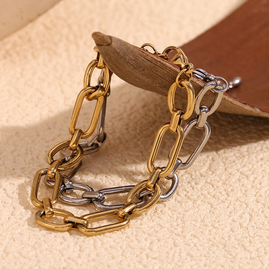 Minimalist Geometric Stainless Steel Plated 14K Gold Safety Pin Link Wide Bracelet for Women