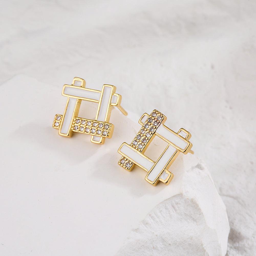 Minimalist Geometric Copper Earrings with 18K Gold Plating and Enamel Finish for Women