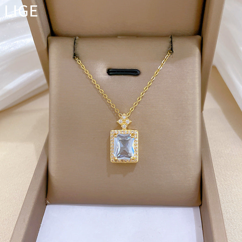 Sweet Full Cubic Zirconia Square Geometric Titanium Steel Necklace for Unisex