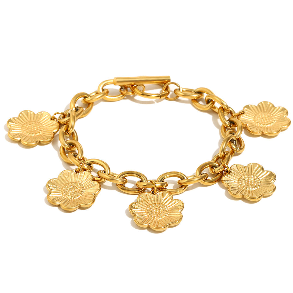 Collana con pendente floreale e bracciale da donna, in acciaio inossidabile con placcatura in oro 18 carati, design a catena a O