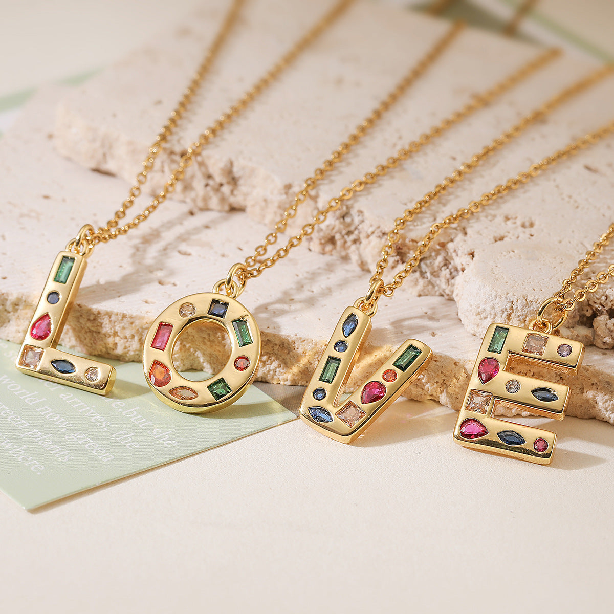 Minimalist Letter Shape Copper Pendant Necklace with 18K Gold Plating and Colored Zircon Inlay for Women