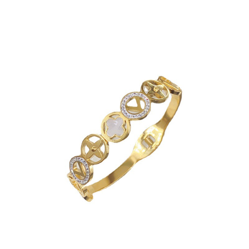 Fashionable Clover V-Shaped Titanium Steel Bracelet for Women with Plated Finish Minimalist Adjustable Open Bangle