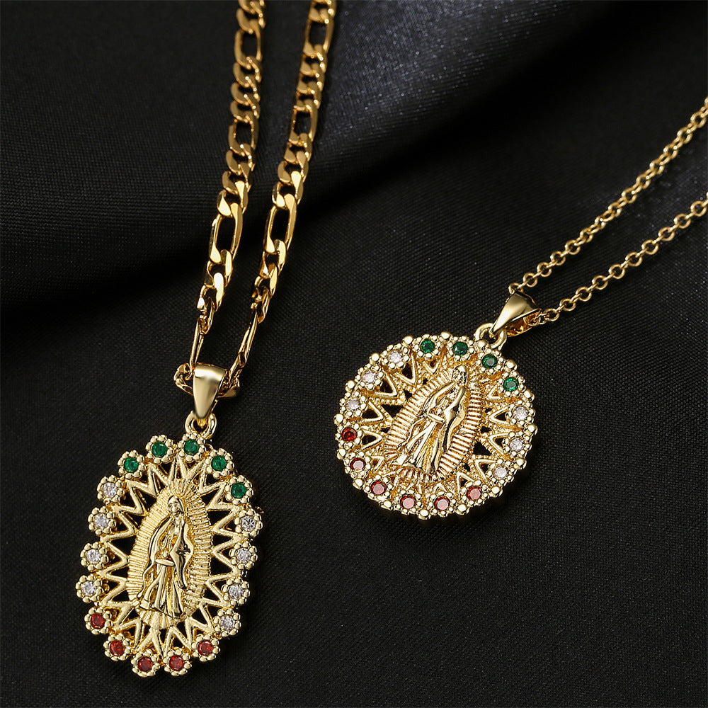 Gold Plated Geometric Virgin Mary Cubic Zirconia Inlay Pendant Necklace for Women