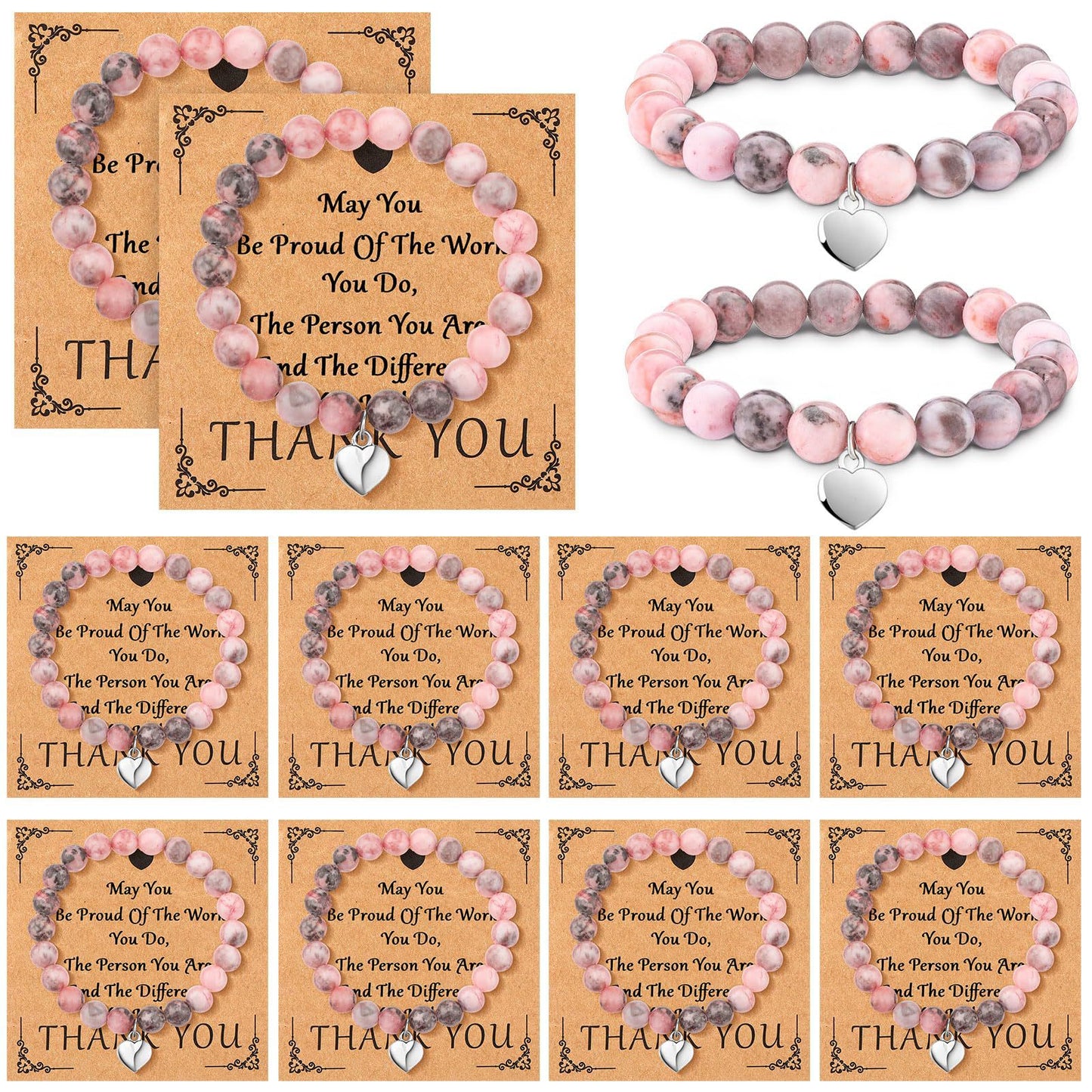 Sweet Natural Pink Zebra Print Crystal Heart Pendant Beaded Bracelet Set Unisex
