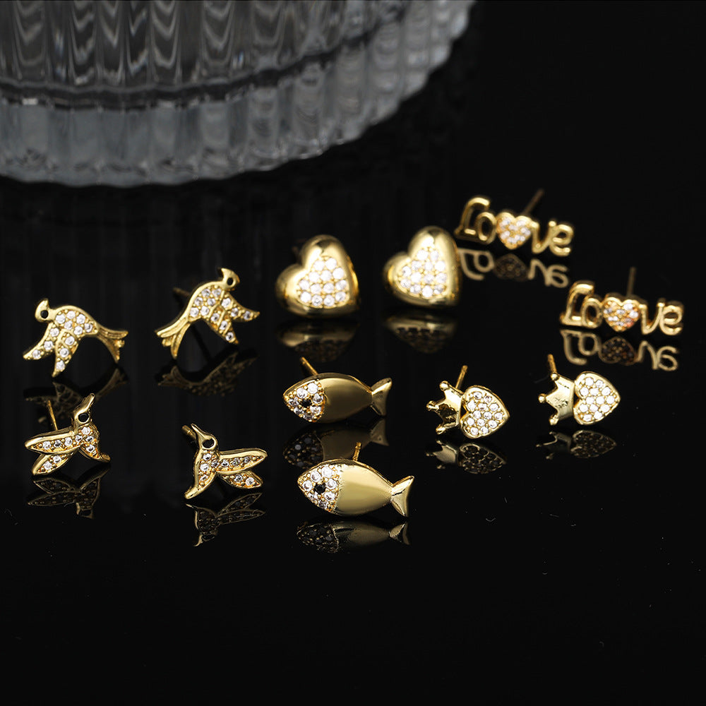 Streetwear Brass Inlaid with Cubic Zirconia Heart Cross Stud Earrings for Women
