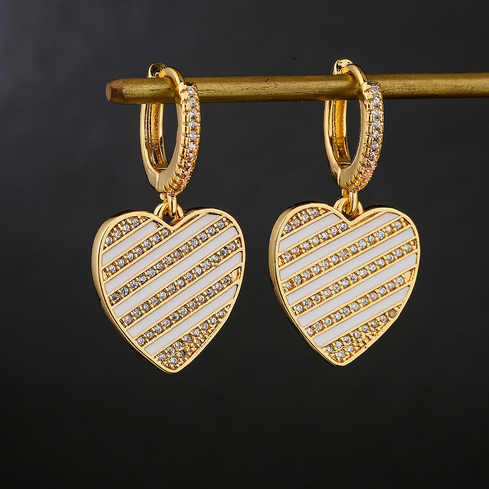 Orecchini a Cuore Minimalisti in Rame Placcati Oro 18K, con Finitura a Smalto e Zirconi Micro-Incastonati, da Donna