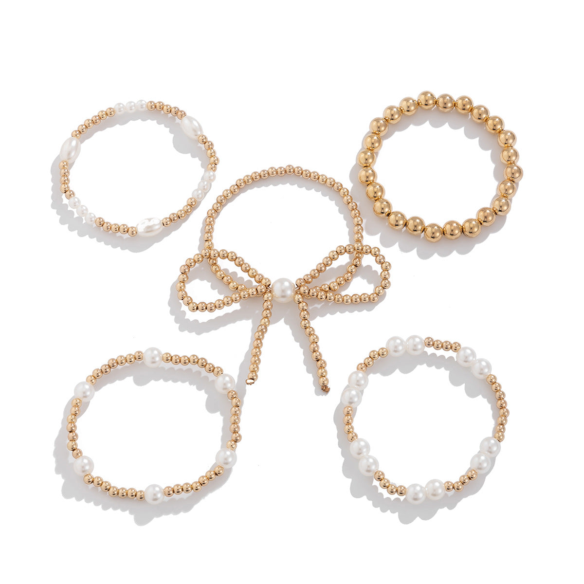 Set di braccialetti minimalisti con fiocco e perline, perle finte e finitura placcata, da donna