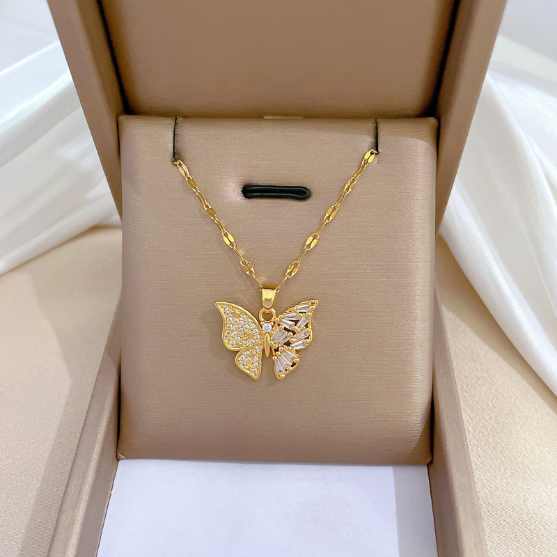 Luxury Titanium Steel Butterfly Pendant Necklace and Earrings Set with Micro-Pavé Detail for Women Elegant Party Jewelry