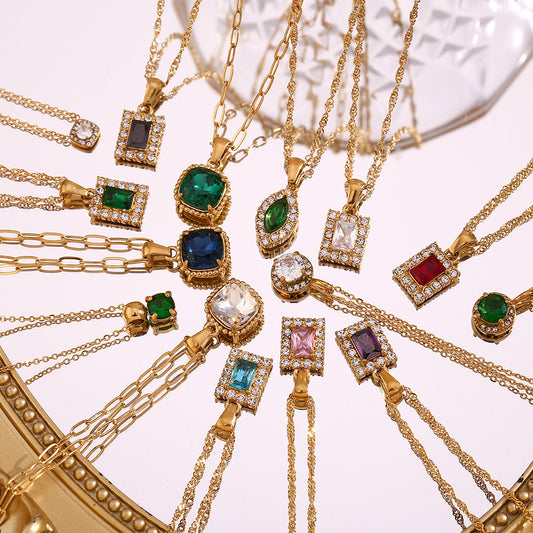 Minimalist Retro Geometric Pendant Necklace for Women Stainless Steel with 18K Gold Plating and Micro-Paved Colored Zircon