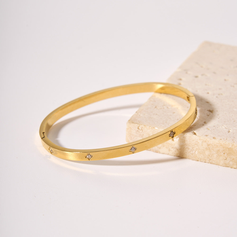 Minimalist Geometric Gold-Plated Titanium Steel Cuff Bracelet with Zircon Accents