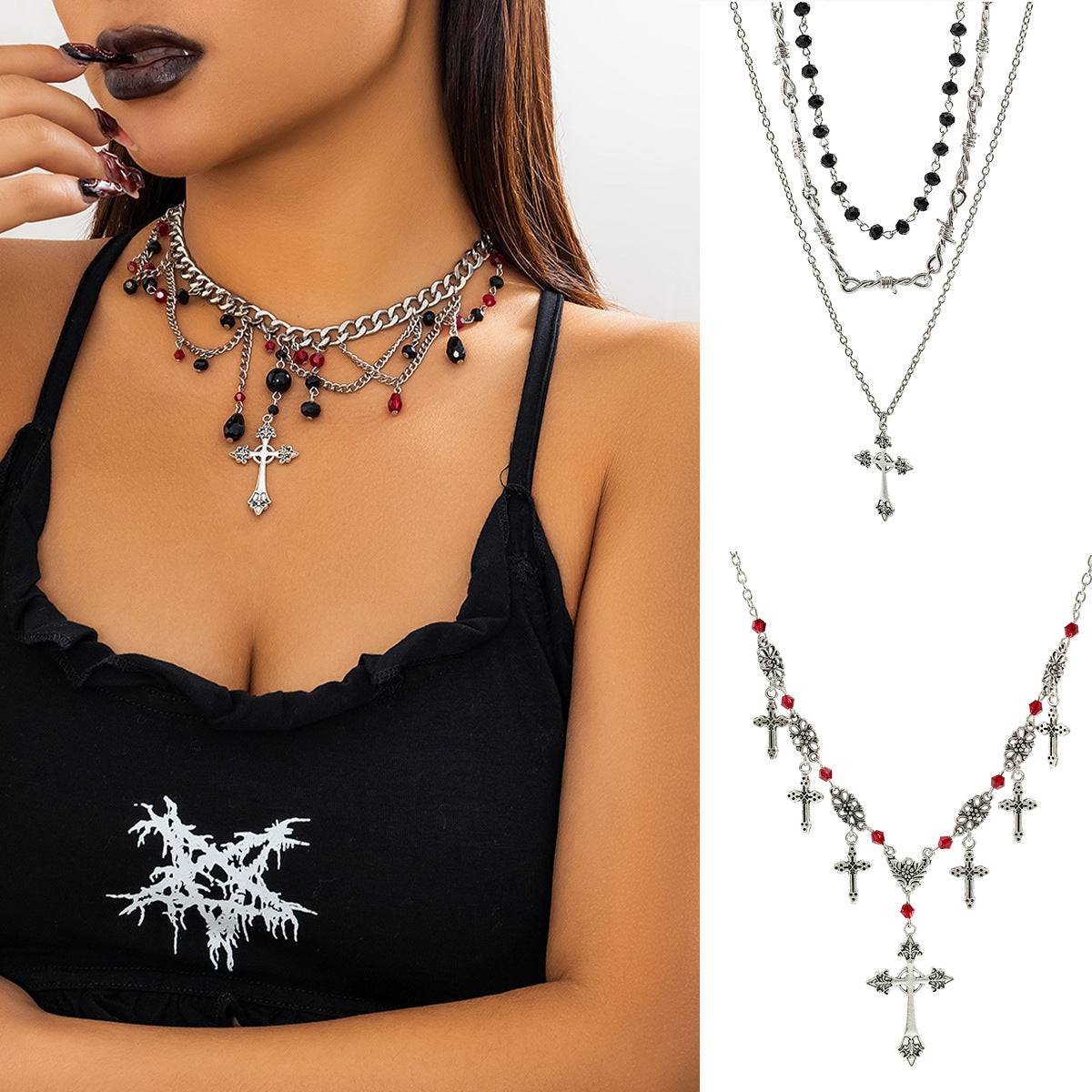 Collana Girocollo a Strati Stile Gotico con Croce Pendente da Donna, con Nappe e Spine in Lega