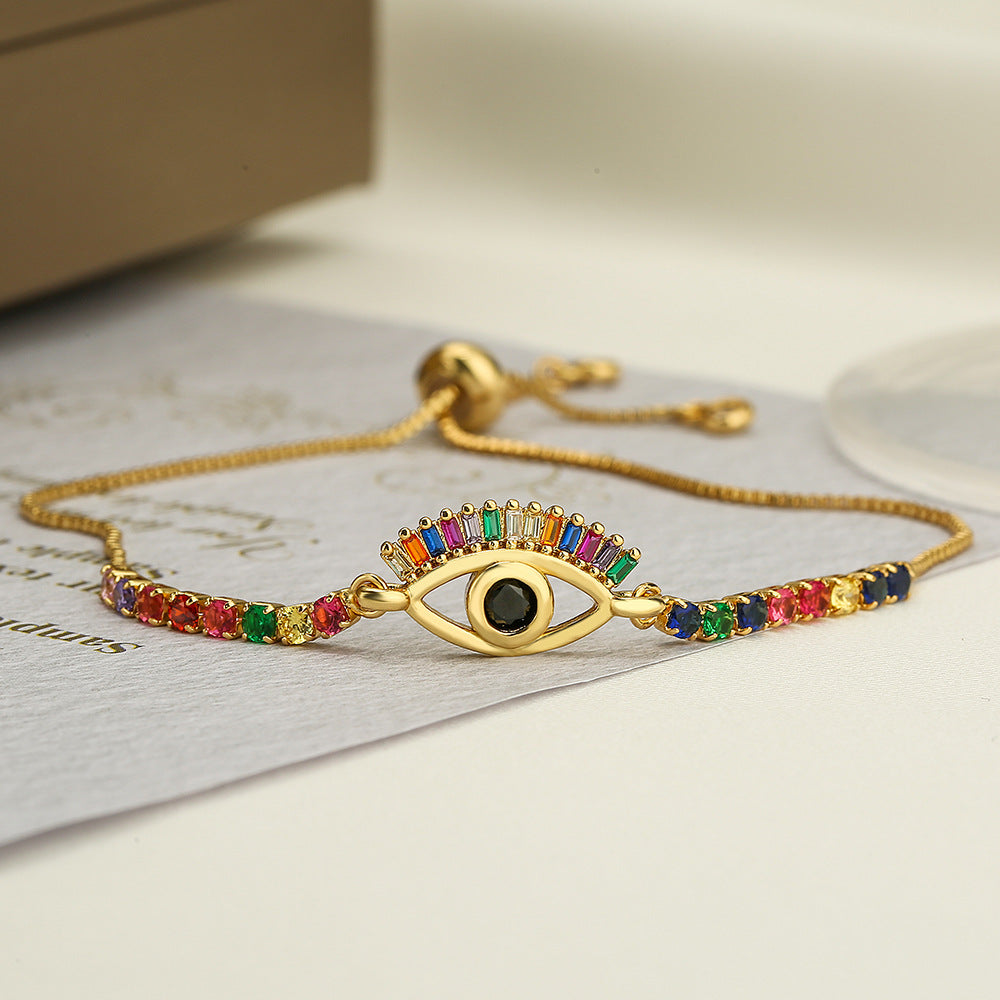 Minimalist Geometric Evil Eye Adjustable Bracelet for Women with Brass Base and Gold Plating Featuring Micro-Pave Leopard Charm