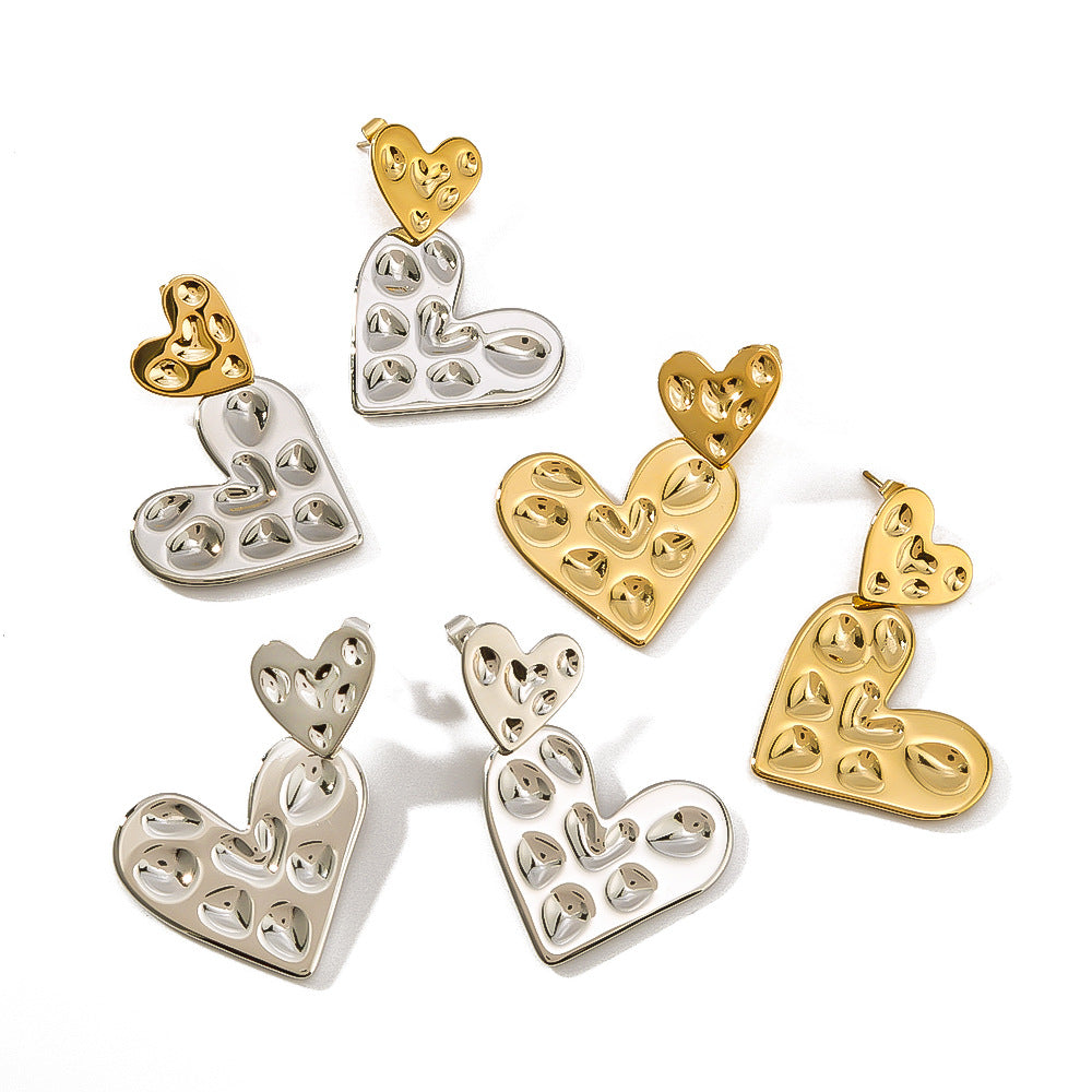 Pendientes colgantes estilo Ins de doble capa en forma de corazón en acero inoxidable con baño de oro de 18K