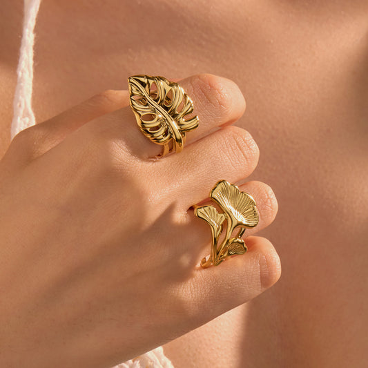 Minimalist Ginkgo Leaf Ring 18K Gold Plated Titanium Steel Fashion Jewelry for Women