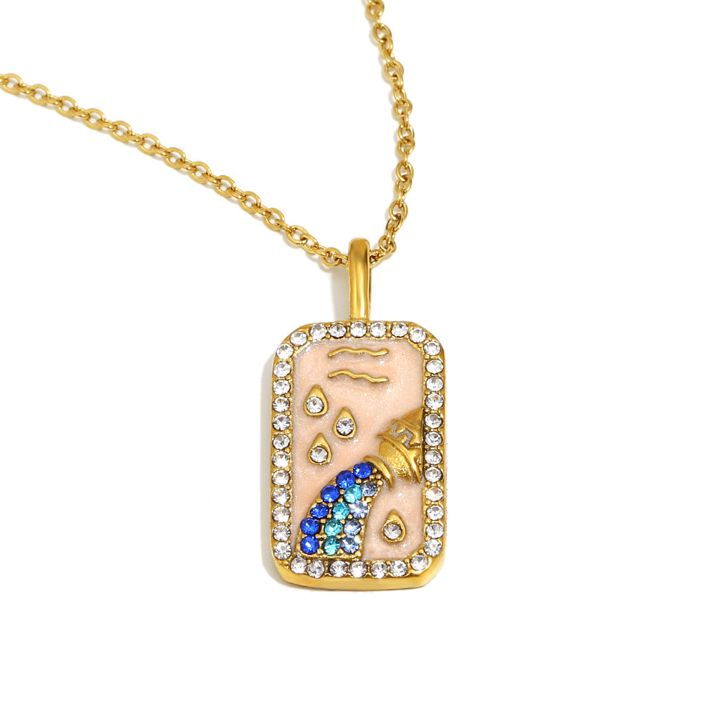 Collana con Pendente Minimalista Costellazione Zodiacale da Donna in Acciaio Inossidabile con Placcatura in Oro 18K e Intarsi in Smalto Dettagli in Strass Completi