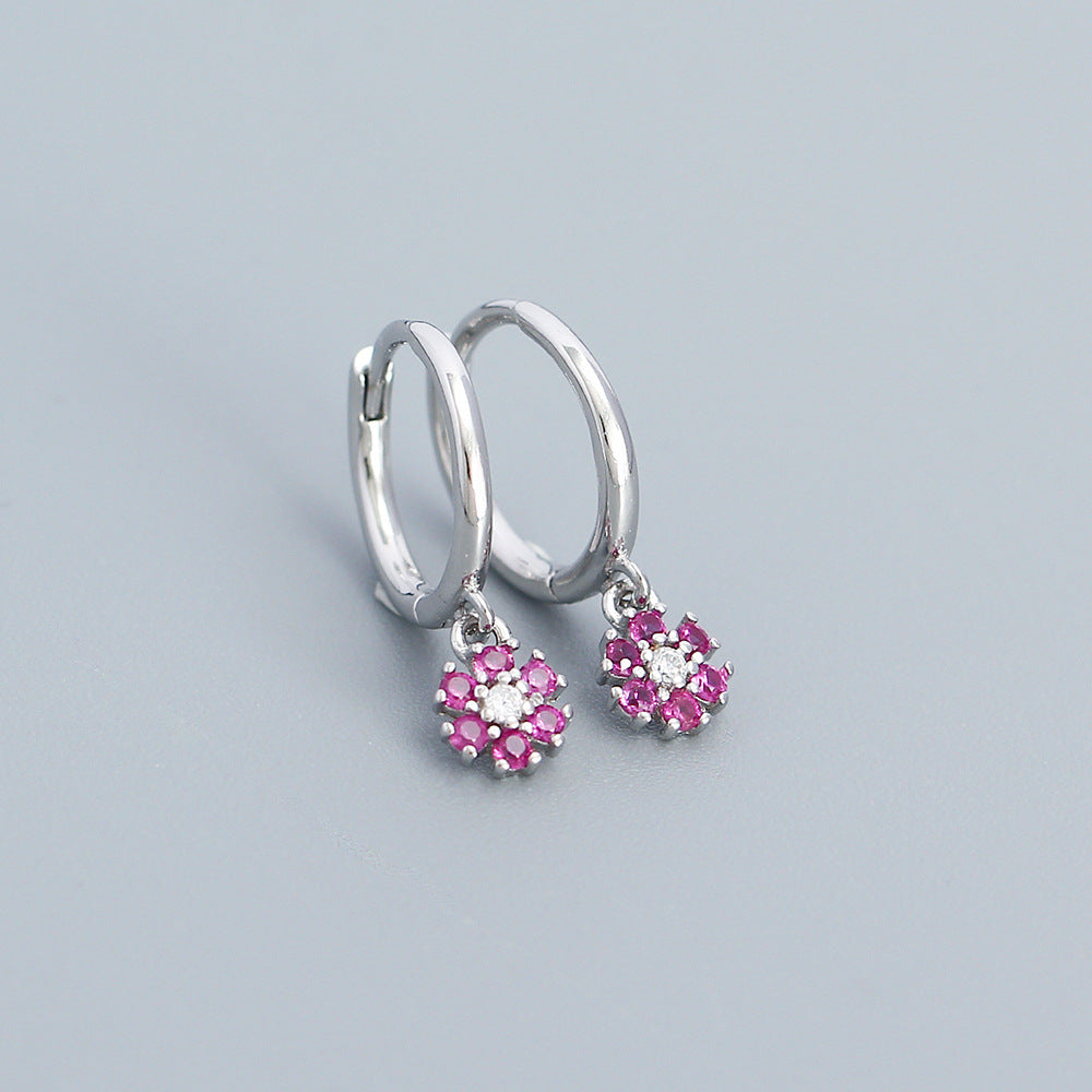Minimalist Floral Geometric Earrings in 925 Sterling Silver with Blue Zircon Inlay