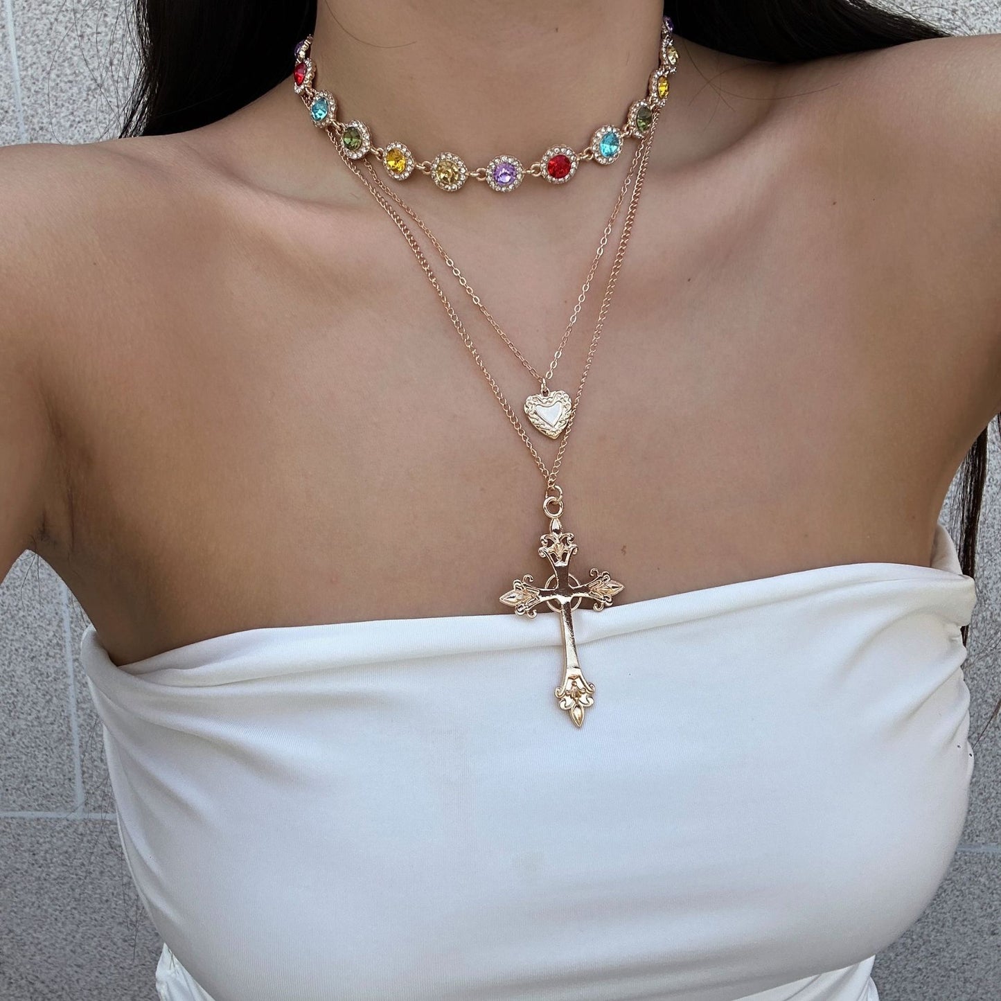 Casual Geometric Cross and Heart Rhinestone Inlay Alloy Pendant Necklace for Women